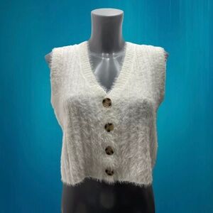 Urban Outfitters Sleeveless Cardigan Fluffy Crop Top, White Cream, Size XS, NWT